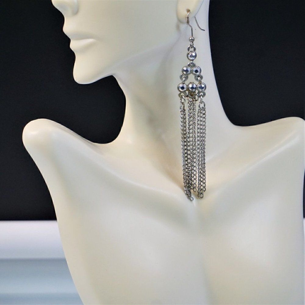 Chain Tassel Dangling Drop Earrings Pierced Silver Tone Metal